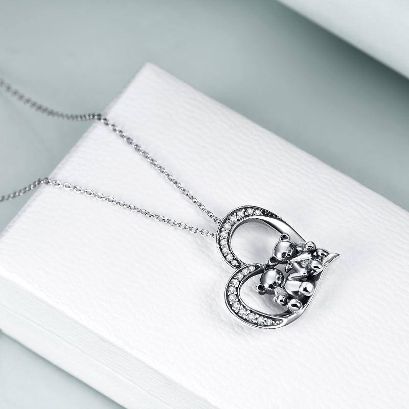 Sterling Silver Bear & Heart Pendant Necklace-4