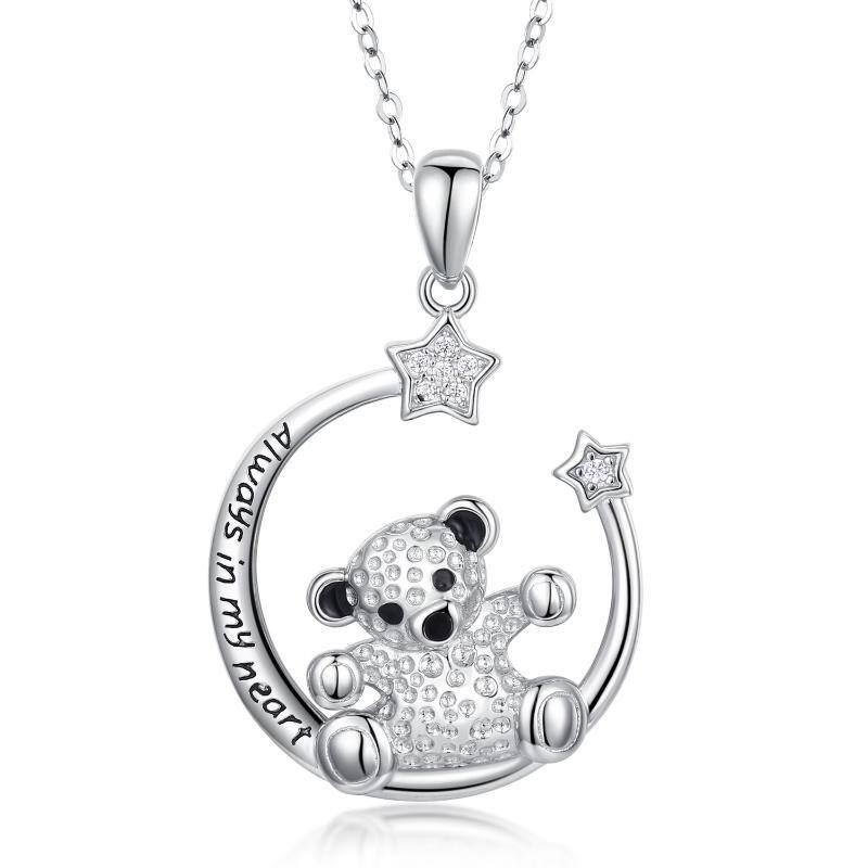 Sterling Silver Cubic Zirconia Bear & Pentagram Pendant Necklace-1