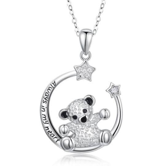 Sterling Silver Cubic Zirconia Bear & Pentagram Pendant Necklace