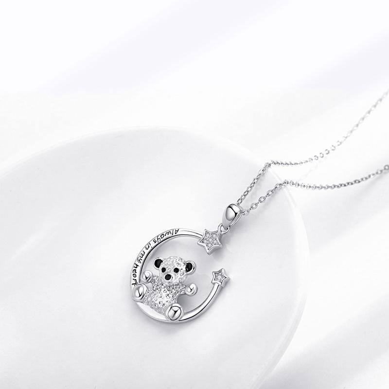 Sterling Silver Cubic Zirconia Bear & Pentagram Pendant Necklace-3