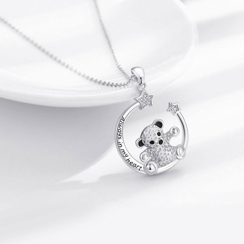 Sterling Silver Cubic Zirconia Bear & Pentagram Pendant Necklace-4