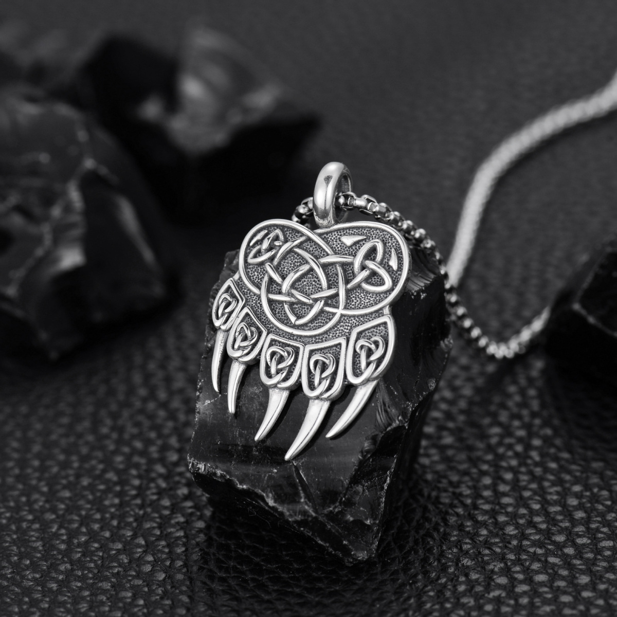 Sterling Silver Bear & Viking Rune Pendant Necklace-4