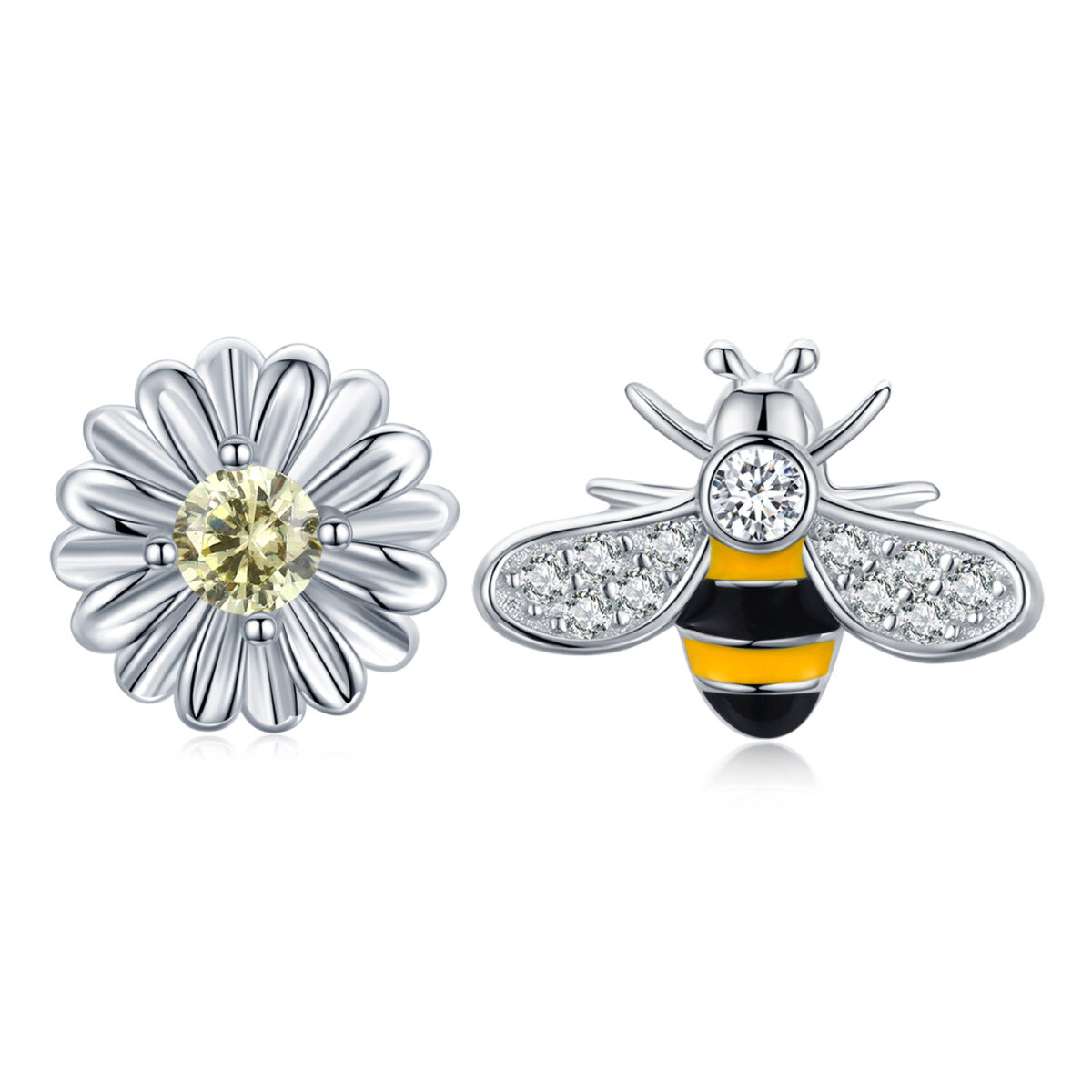 Sterling Silver Cubic Zirconia Bees & Daisy Stud Earrings-1