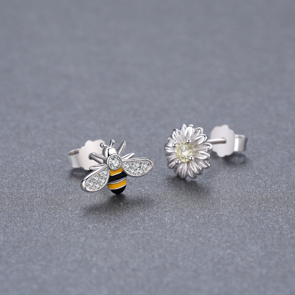 Sterling Silver Cubic Zirconia Bees & Daisy Stud Earrings-3