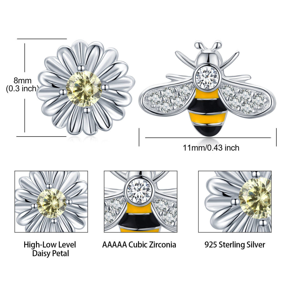 Sterling Silver Cubic Zirconia Bees & Daisy Stud Earrings-5