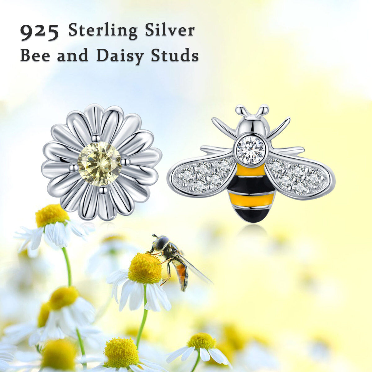 Sterling Silver Cubic Zirconia Bees & Daisy Stud Earrings-6