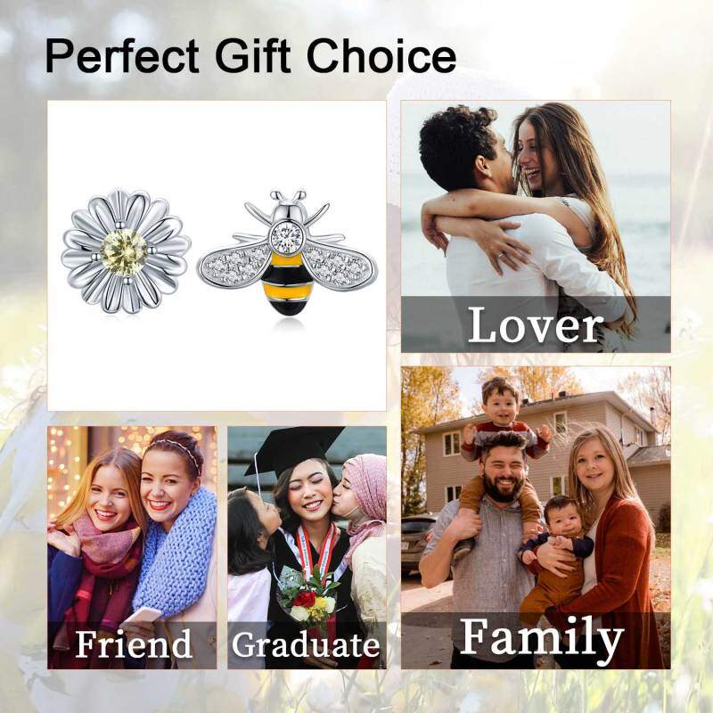 أقراط مرصعة بالزركونيا المكعبة من الفضة الإسترلينية على شكل نحل وزهرة الأقحوان-7