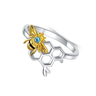 Sterling Silver Two-tone Round Crystal Bee Ring-47