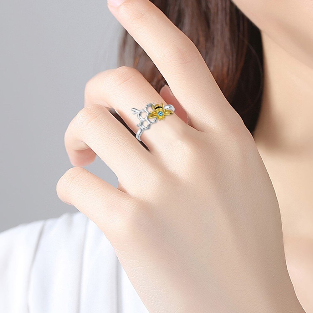 Sterling Silver Two-tone Round Crystal Bee Ring-2