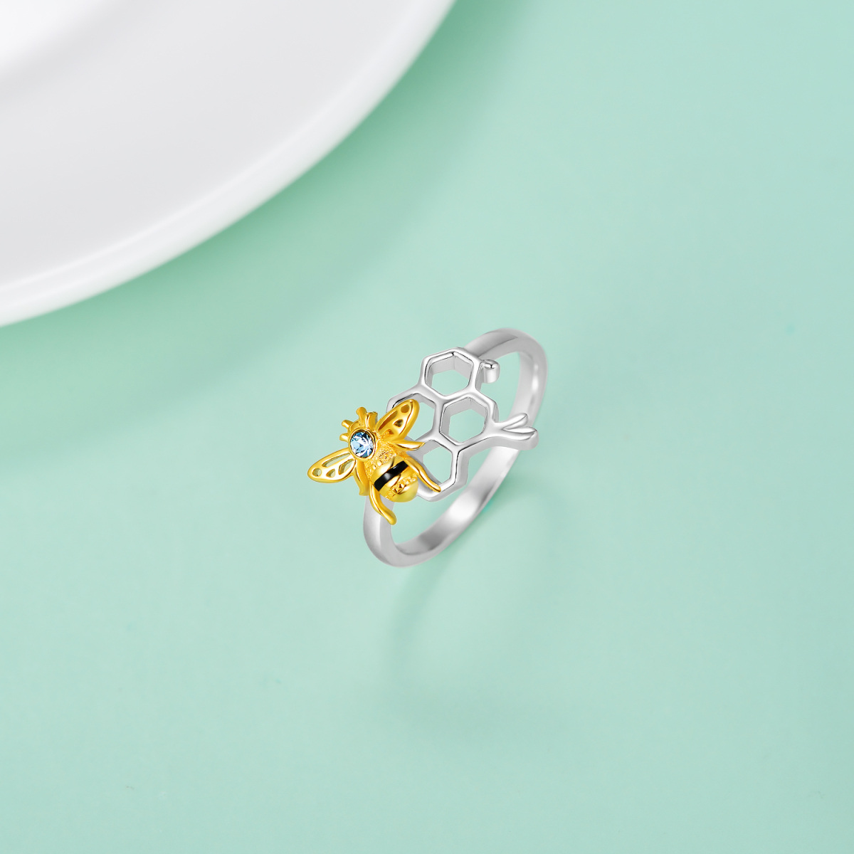 Anillo de plata de ley con abeja de cristal redondo de dos tonos-3