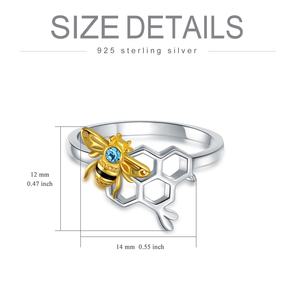 Sterling Silver Two-tone Round Crystal Bee Ring-5