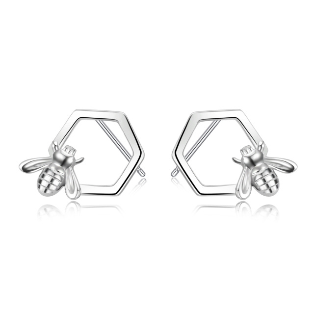 Sterling Silver Bee & Honeycomb Stud Earrings for Women-1