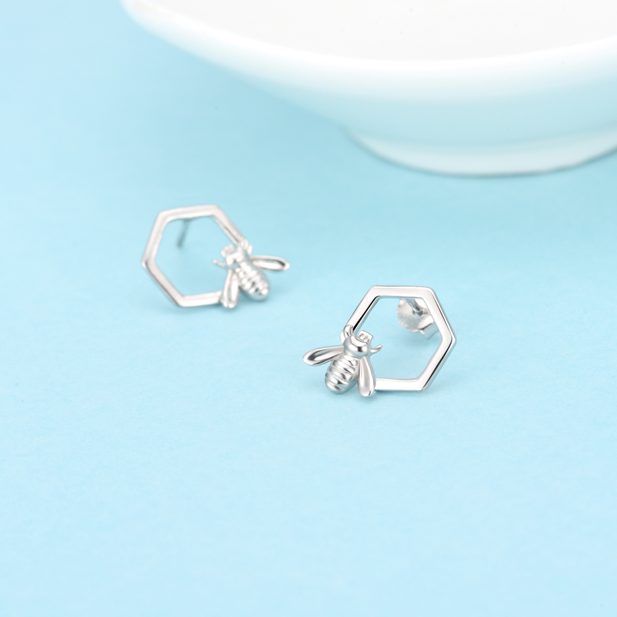 Sterling Silver Bee & Honeycomb Stud Earrings for Women-3