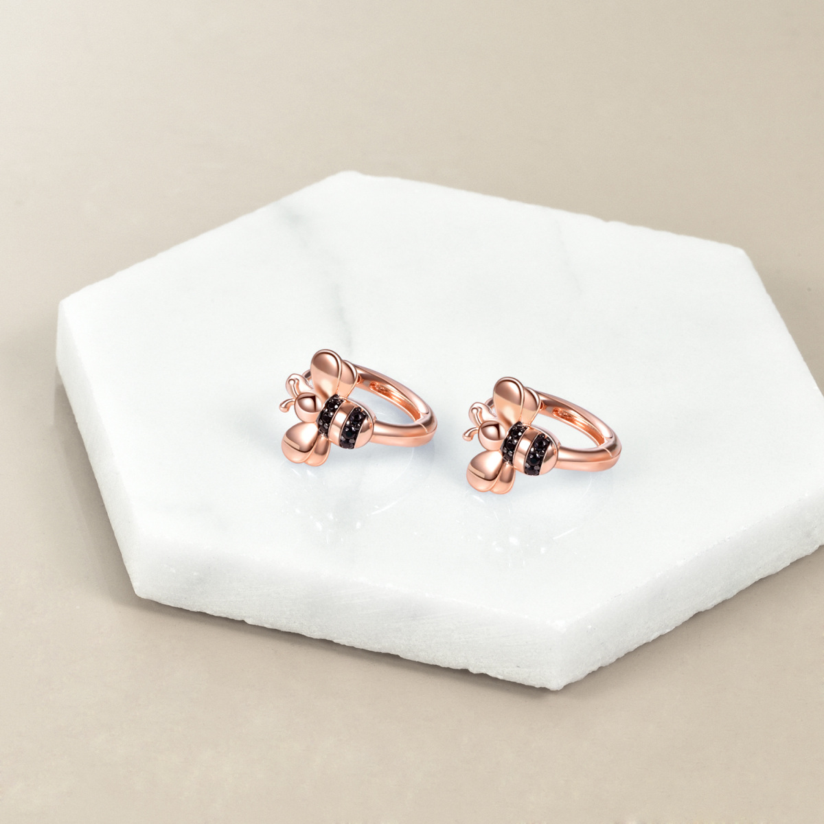 Sterling Silver with Rose Gold Plated Bees Hoop Earrings-3