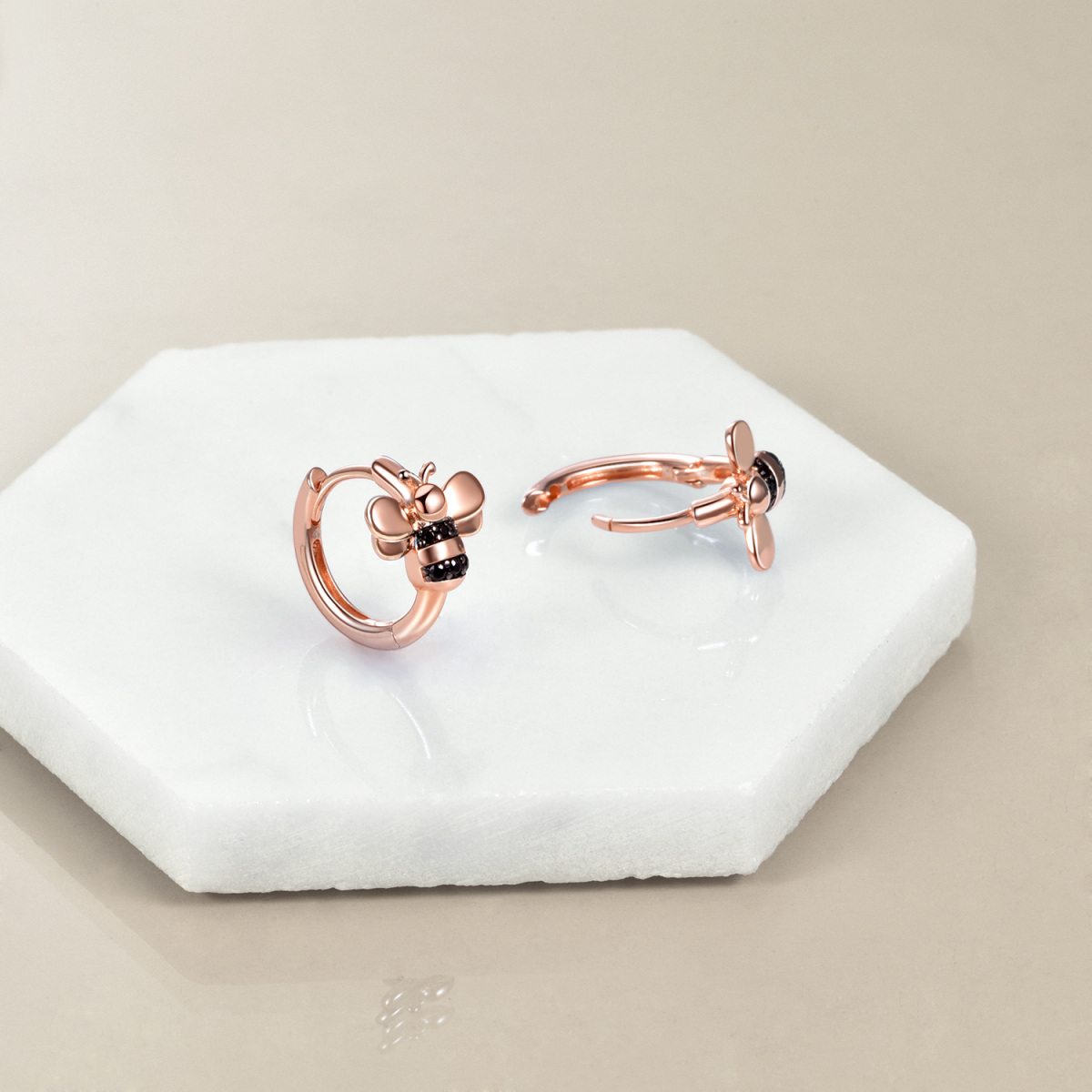 Sterling Silver with Rose Gold Plated Bees Hoop Earrings-4