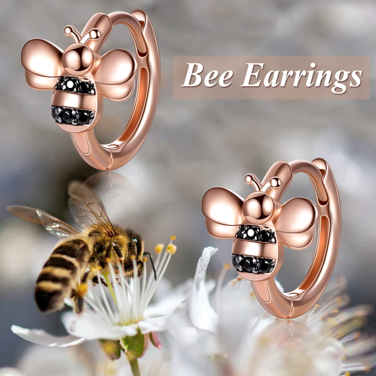 Sterling Silver with Rose Gold Plated Bees Hoop Earrings-6