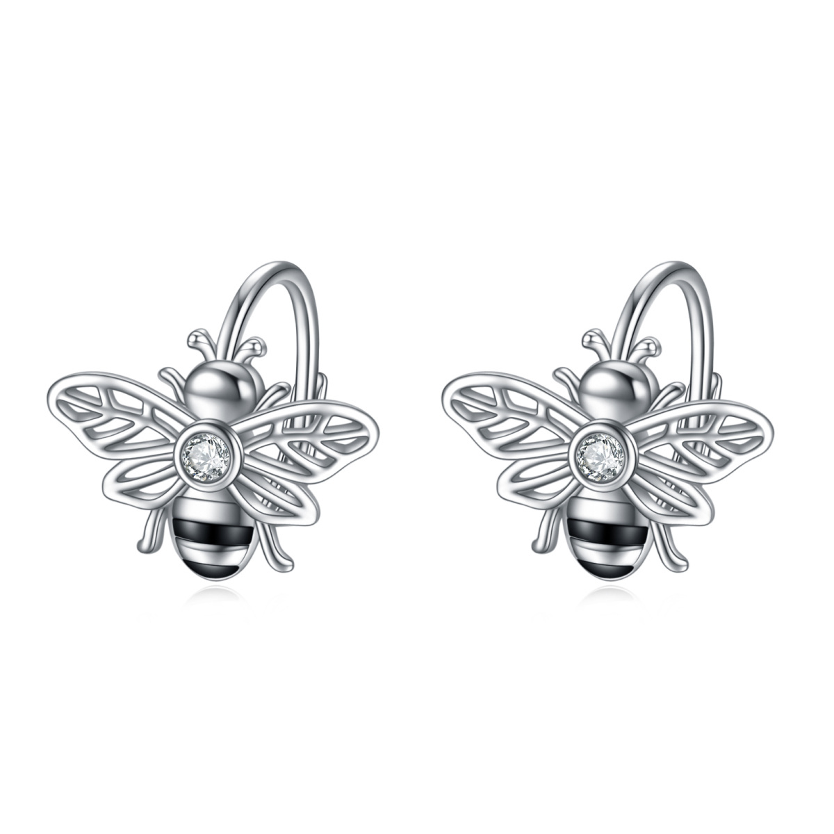 Sterling Silver Cubic Zirconia Bee Lever-back Earrings-1