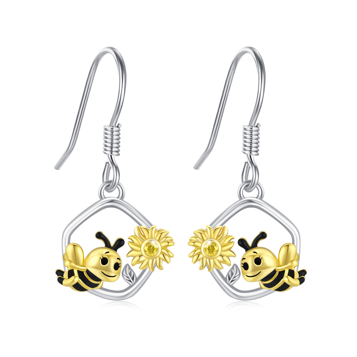 Pendientes de plata de ley Abeja y Girasol-1