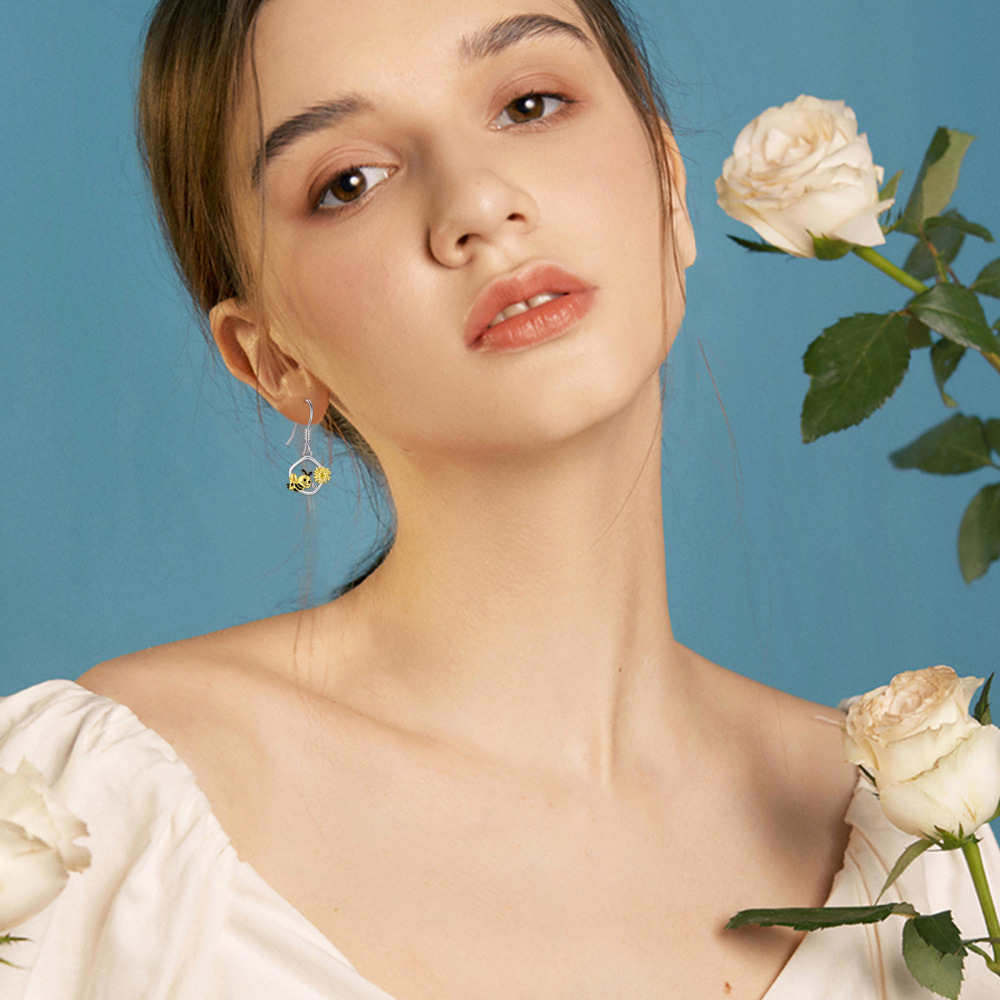 Sterling Silver Bee & Sunflower Drop Earrings-2