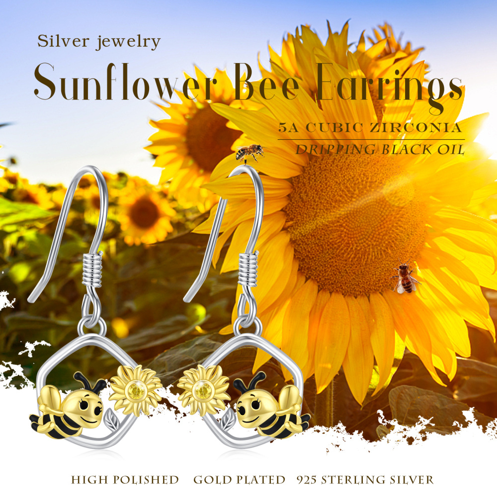 Sterling Silver Bee & Sunflower Drop Earrings-3