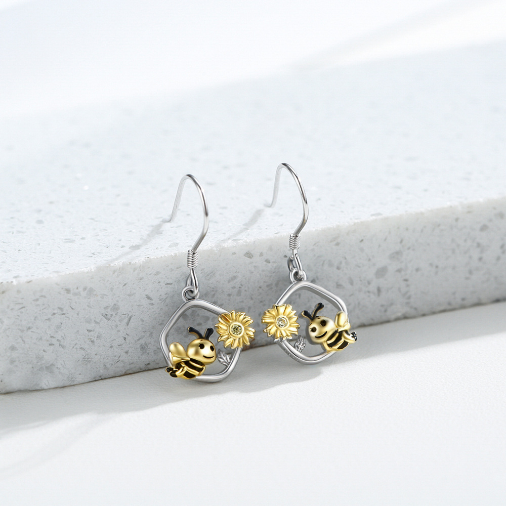 Sterling Silver Bee & Sunflower Drop Earrings-4