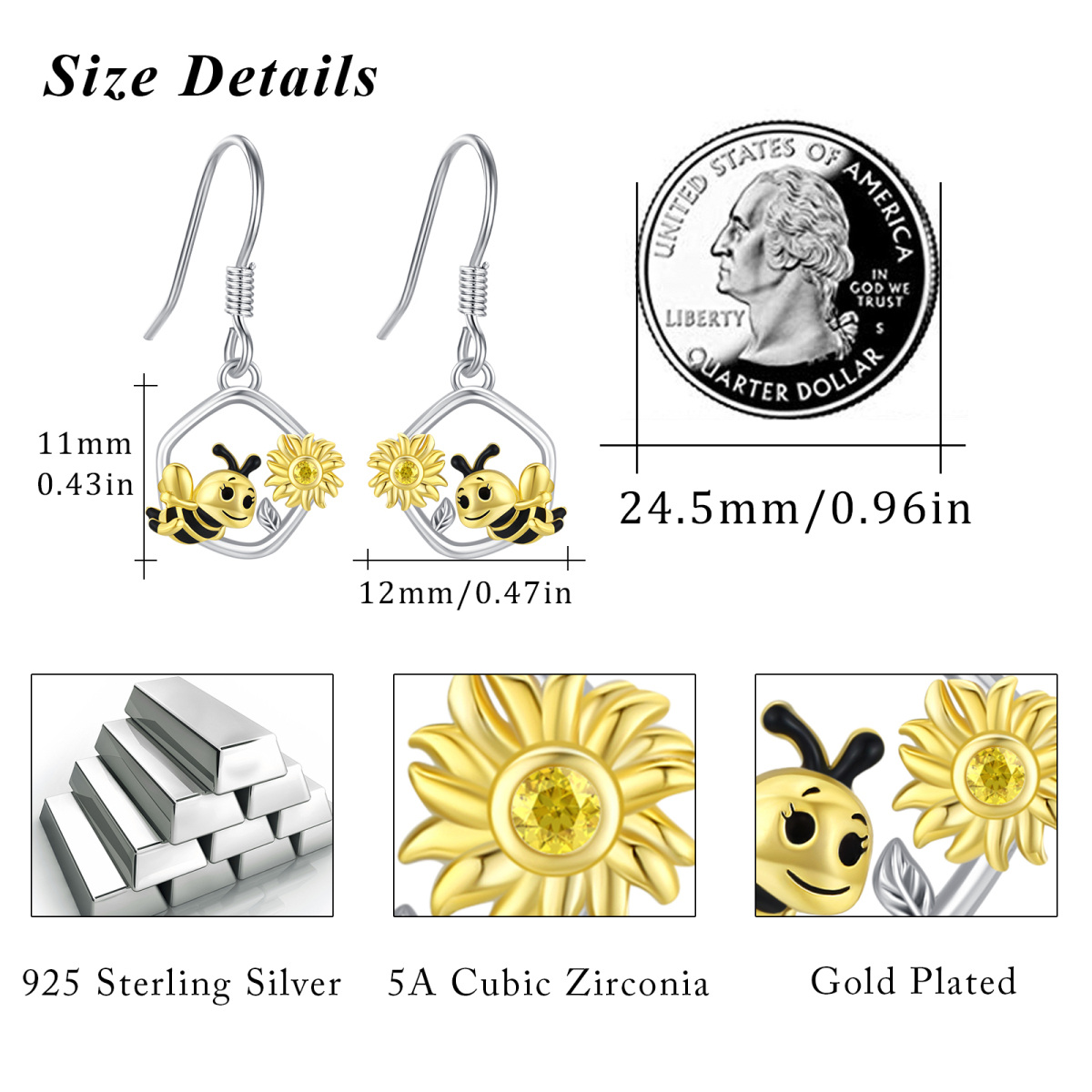 Pendientes de plata de ley Abeja y Girasol-5