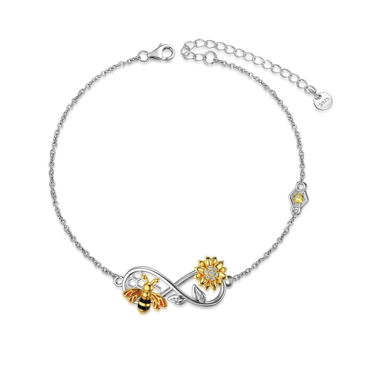 Sterling Silver Cubic Zirconia Bee With Sunflower With Infinity Symbol Pendant Bracelet For Women-1