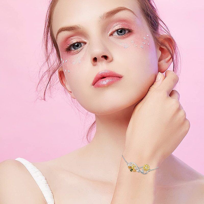 Abelha de zircônia cúbica de prata esterlina com girassol com pingente de símbolo do infinito pulseira para mulheres-2