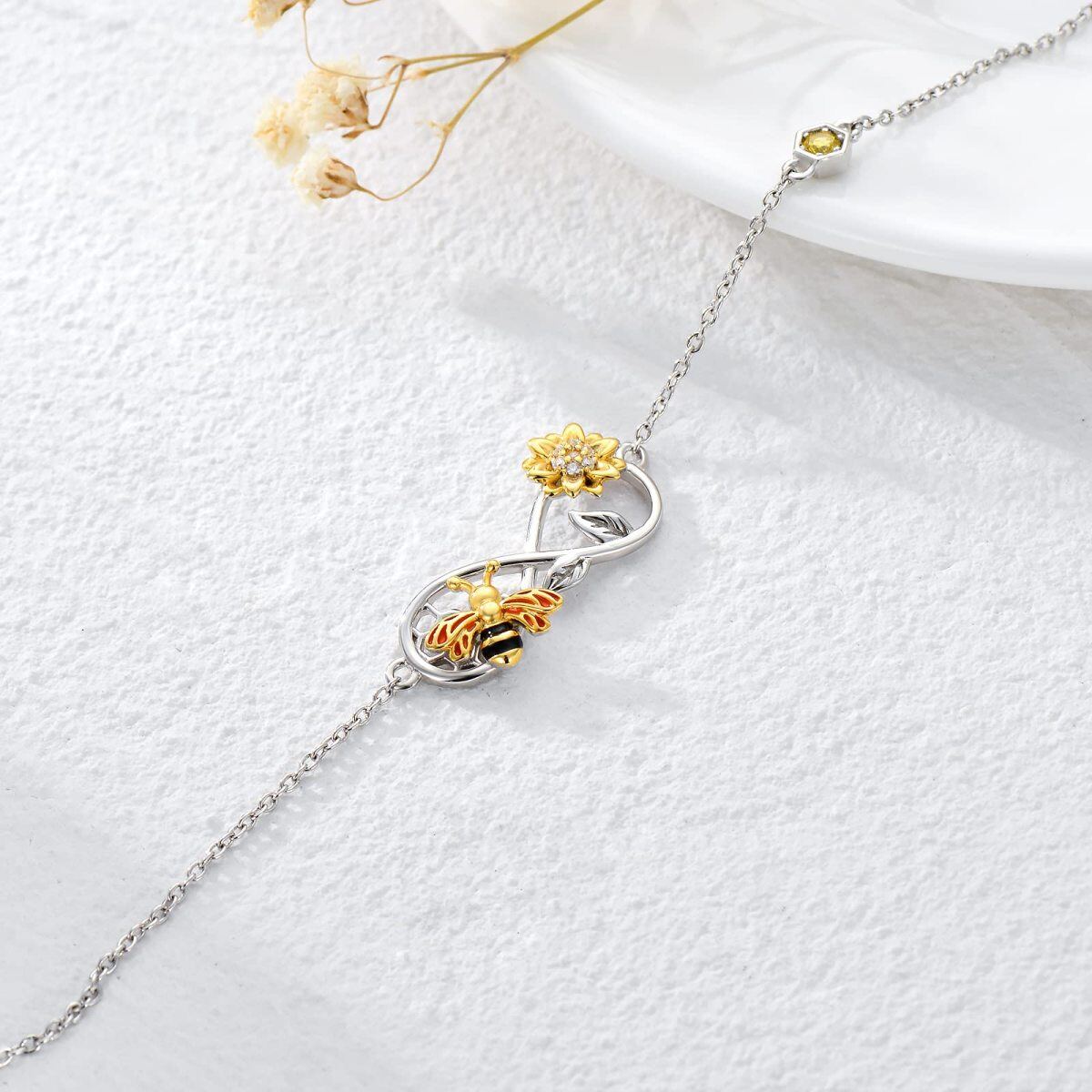 Sterling Silver Cubic Zirconia Bee With Sunflower With Infinity Symbol Pendant Bracelet For Women-3