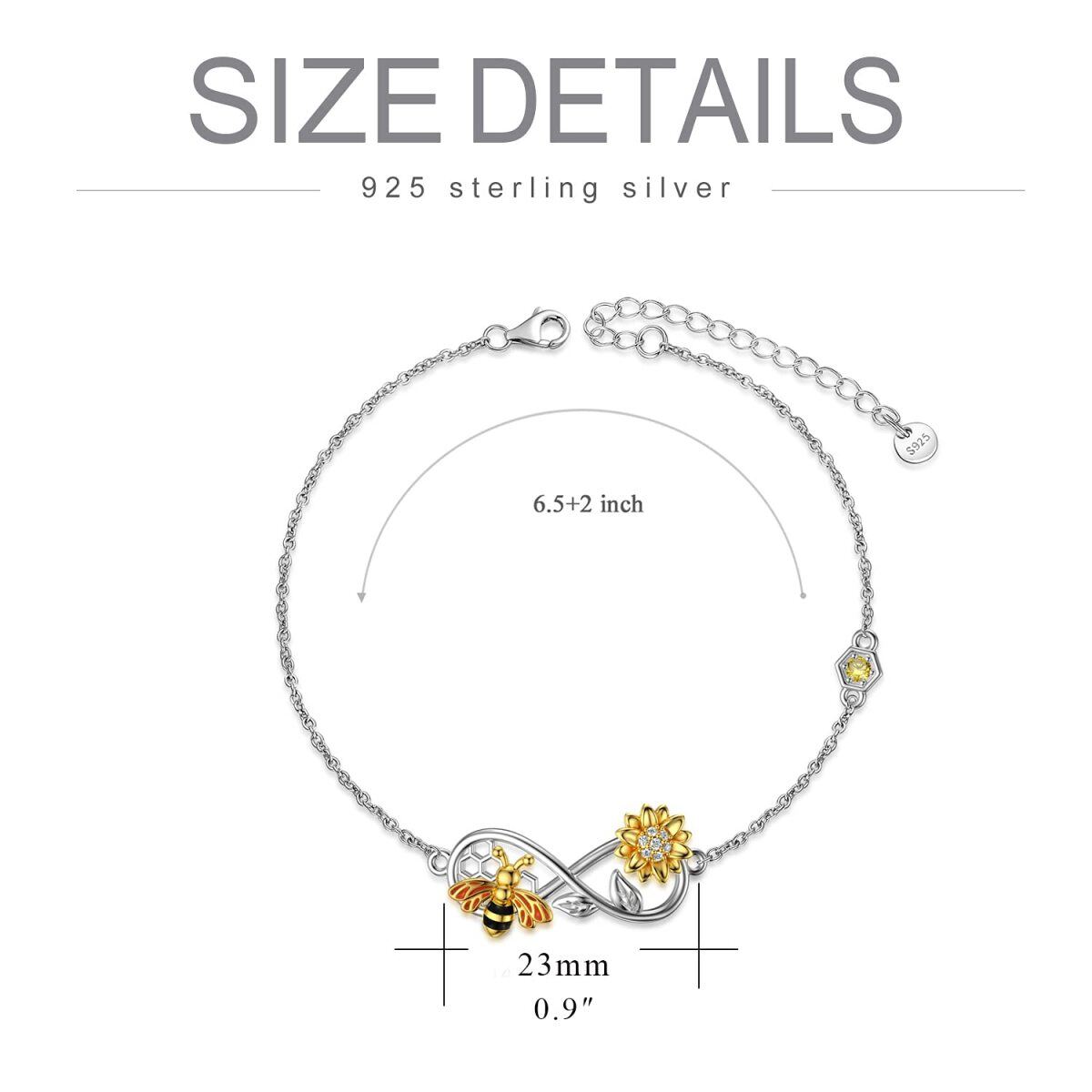 Sterling Silver Cubic Zirconia Bee With Sunflower With Infinity Symbol Pendant Bracelet For Women-4