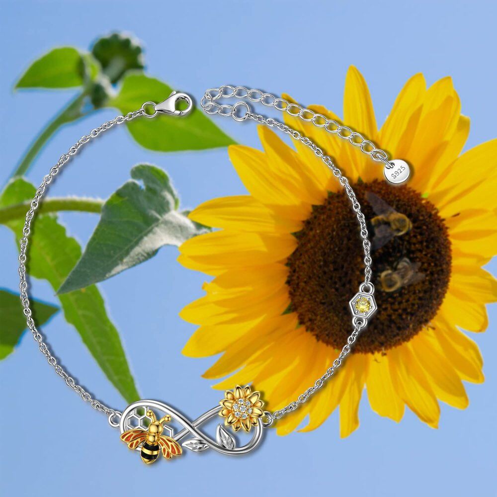 Sterling Silver Cubic Zirconia Bee With Sunflower With Infinity Symbol Charm Bracelet For Women-5
