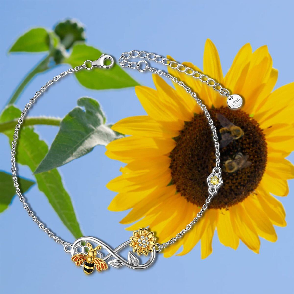 Sterling Silver Cubic Zirconia Bee With Sunflower With Infinity Symbol Pendant Bracelet For Women-5