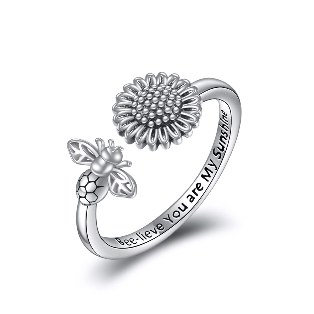 Sterling Silver Bee & Sunflower Open Ring with Engraved Word-1