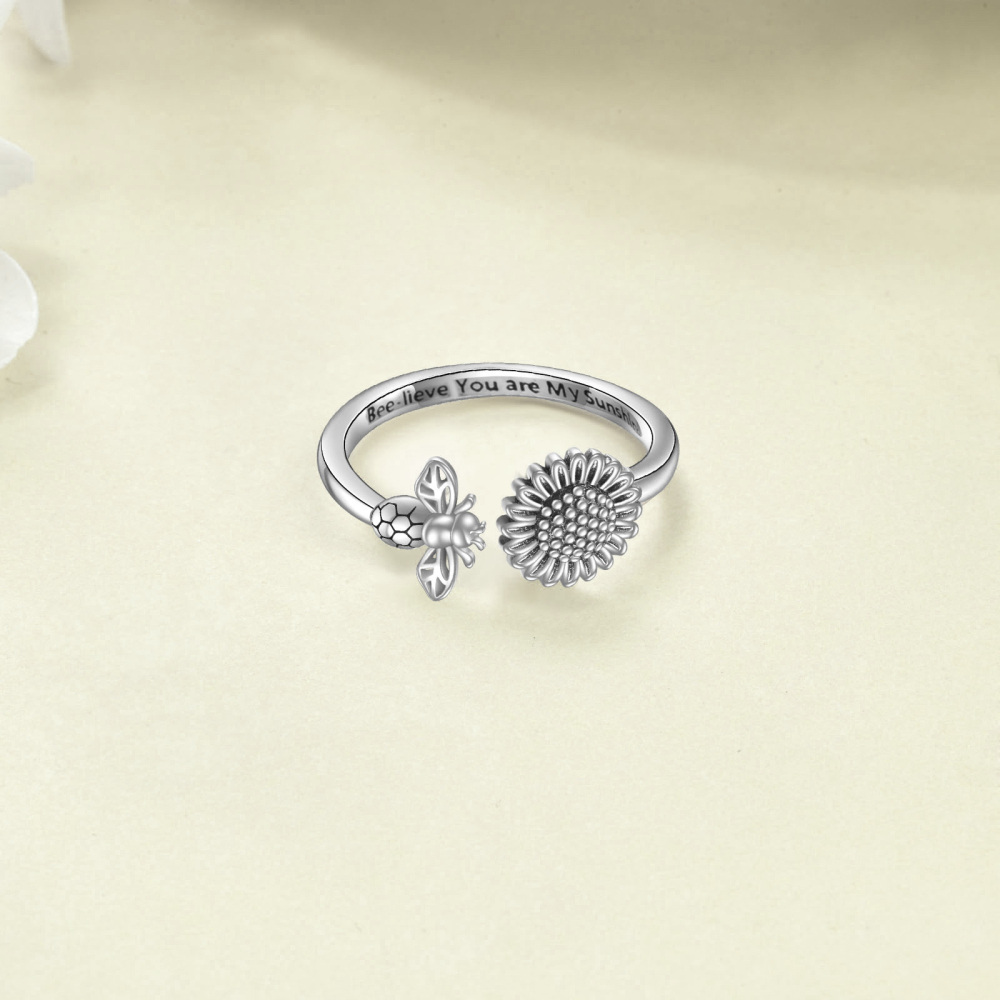 Sterling Silver Bee & Sunflower Open Ring with Engraved Word-3