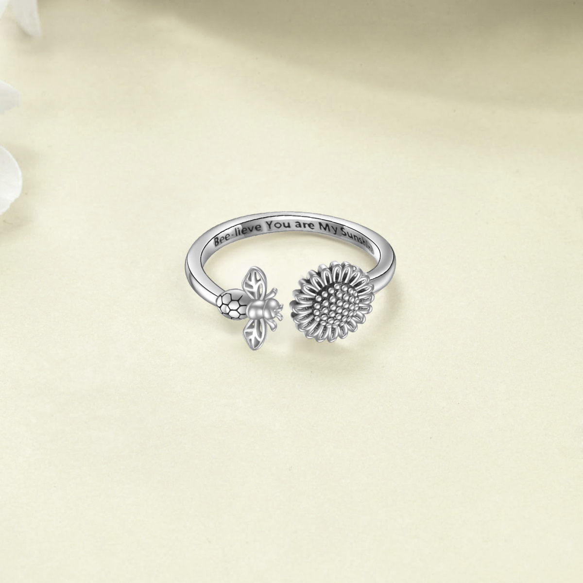 Sterling Silver Bee & Sunflower Open Ring with Engraved Word-3