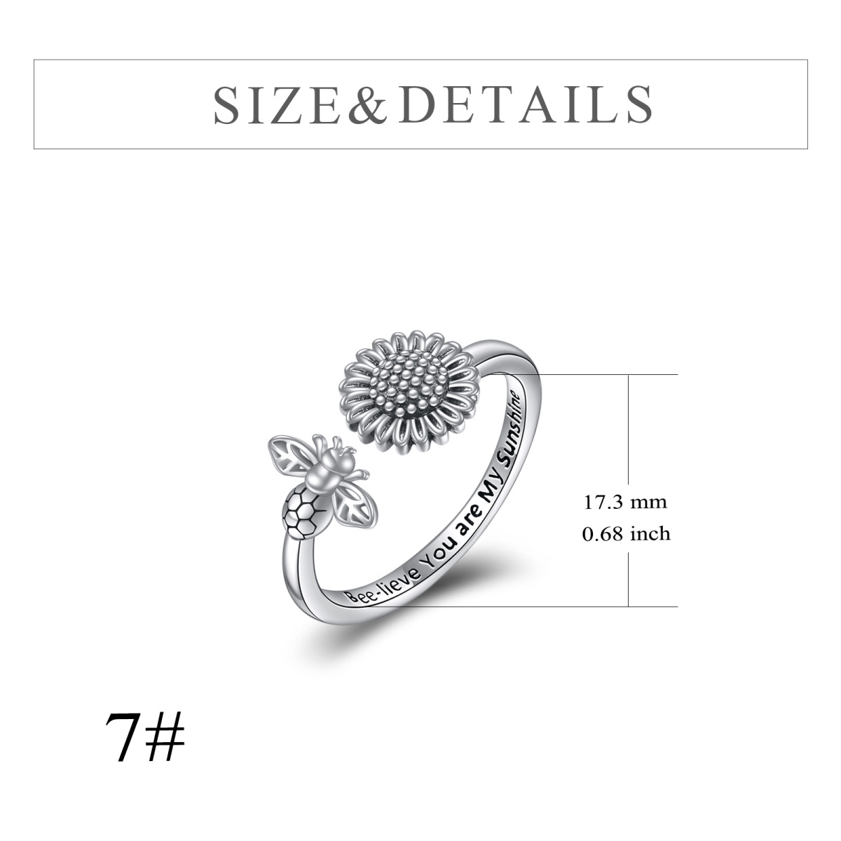 Sterling Silver Bee & Sunflower Open Ring with Engraved Word-5