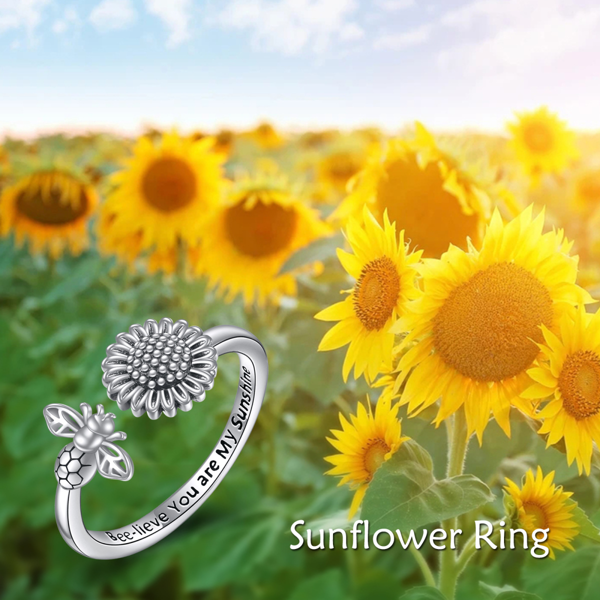 Sterling Silver Bee & Sunflower Open Ring with Engraved Word-6