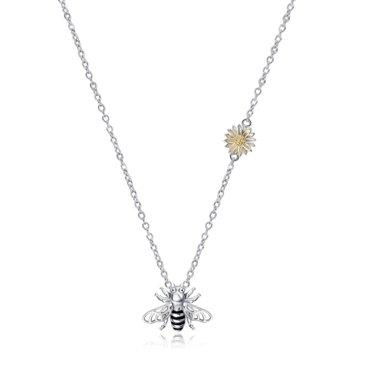 Collier en argent sterling avec pendentif abeille et tournesol