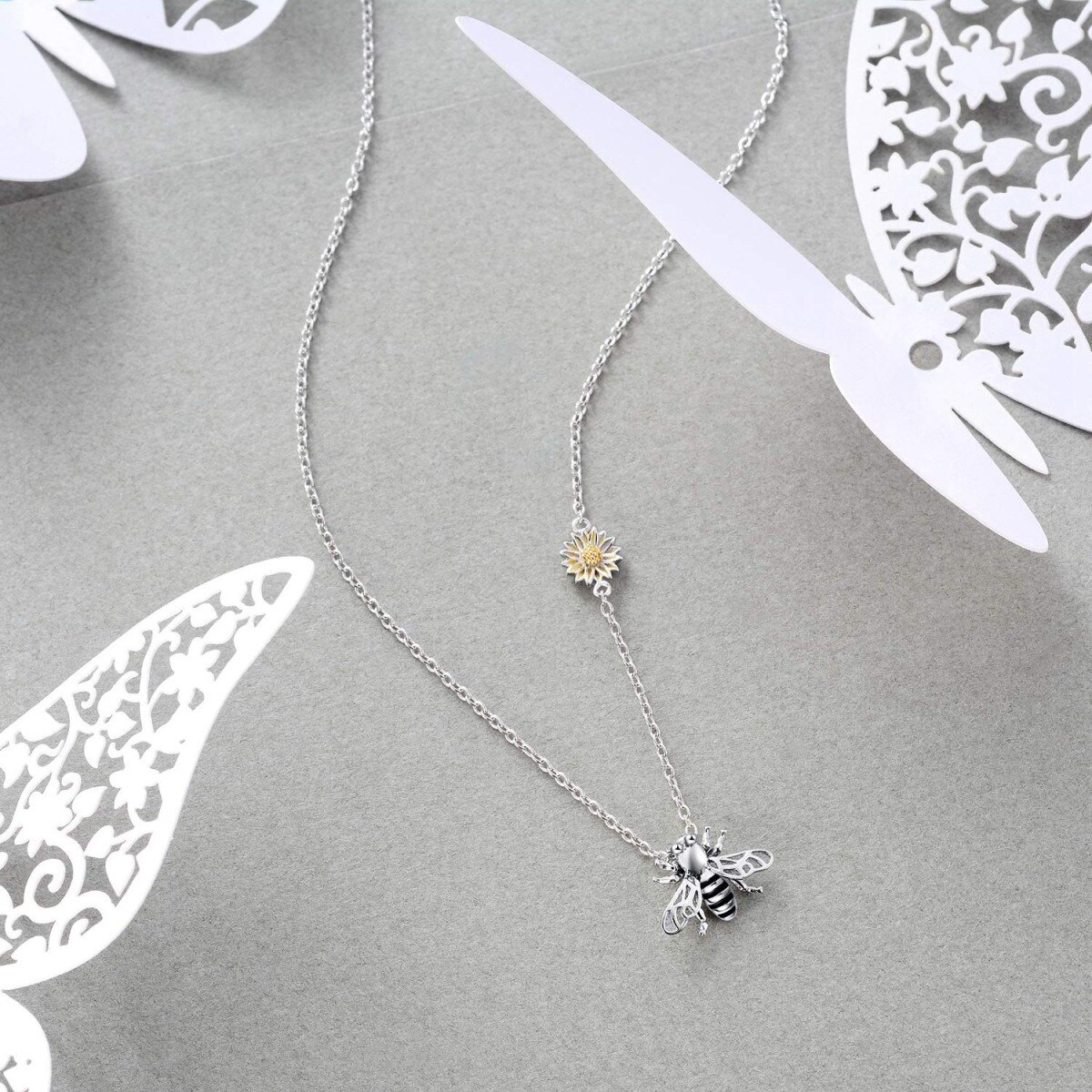 Sterling Silver Bee & Sunflower Pendant Necklace-4