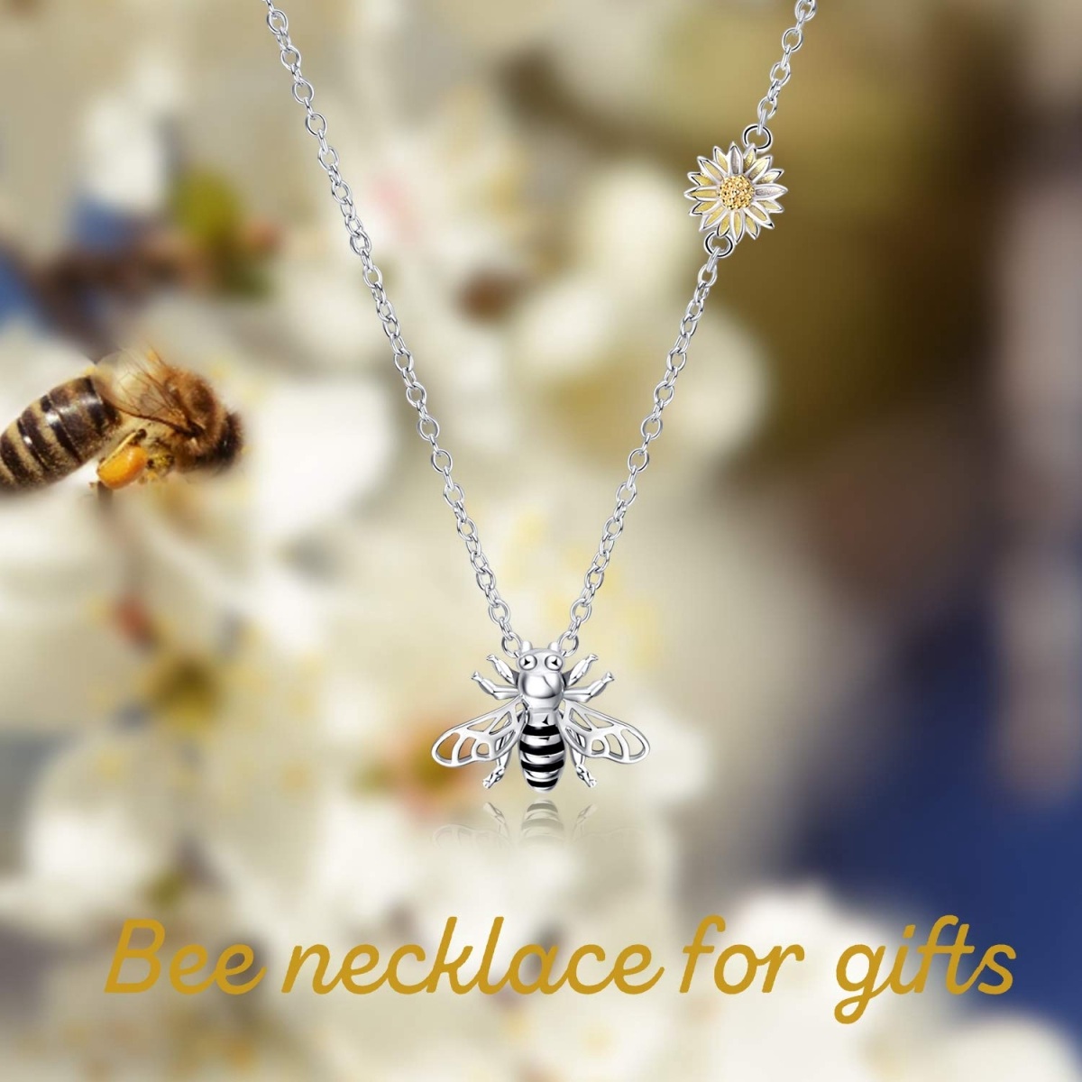 Sterling Silver Bee & Sunflower Pendant Necklace-6