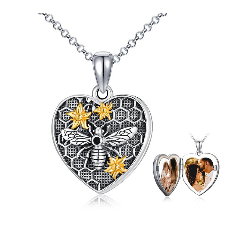 Collier en argent sterling avec mots gravés en forme d'abeilles et médaillon photo personn-1