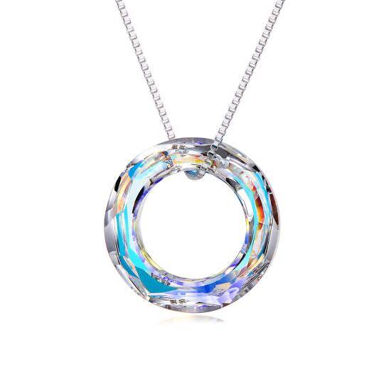 Sterling Silver Bermuda Blue Circle Crystal Pendant Necklace for Women Girls