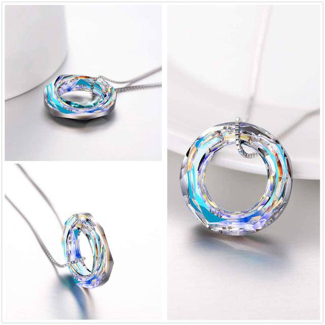 Sterling Silver Bermuda Blue Circle Crystal Pendant Necklace for Women Girls-3