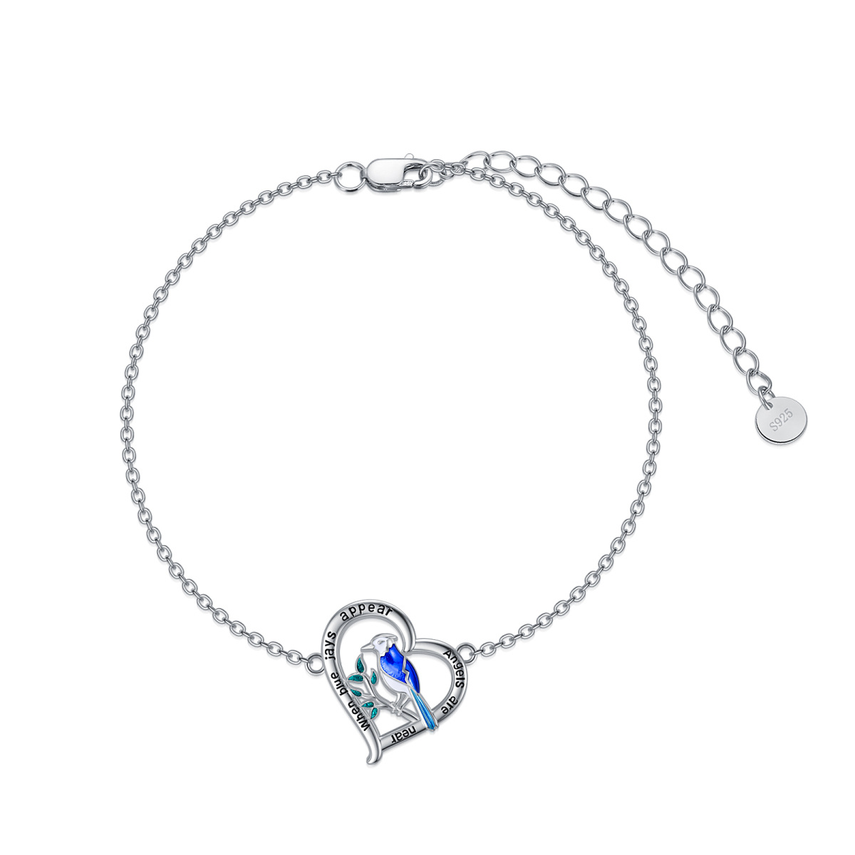 Pulsera de plata de ley con colgante de pájaro y corazón y palabra grabada-1