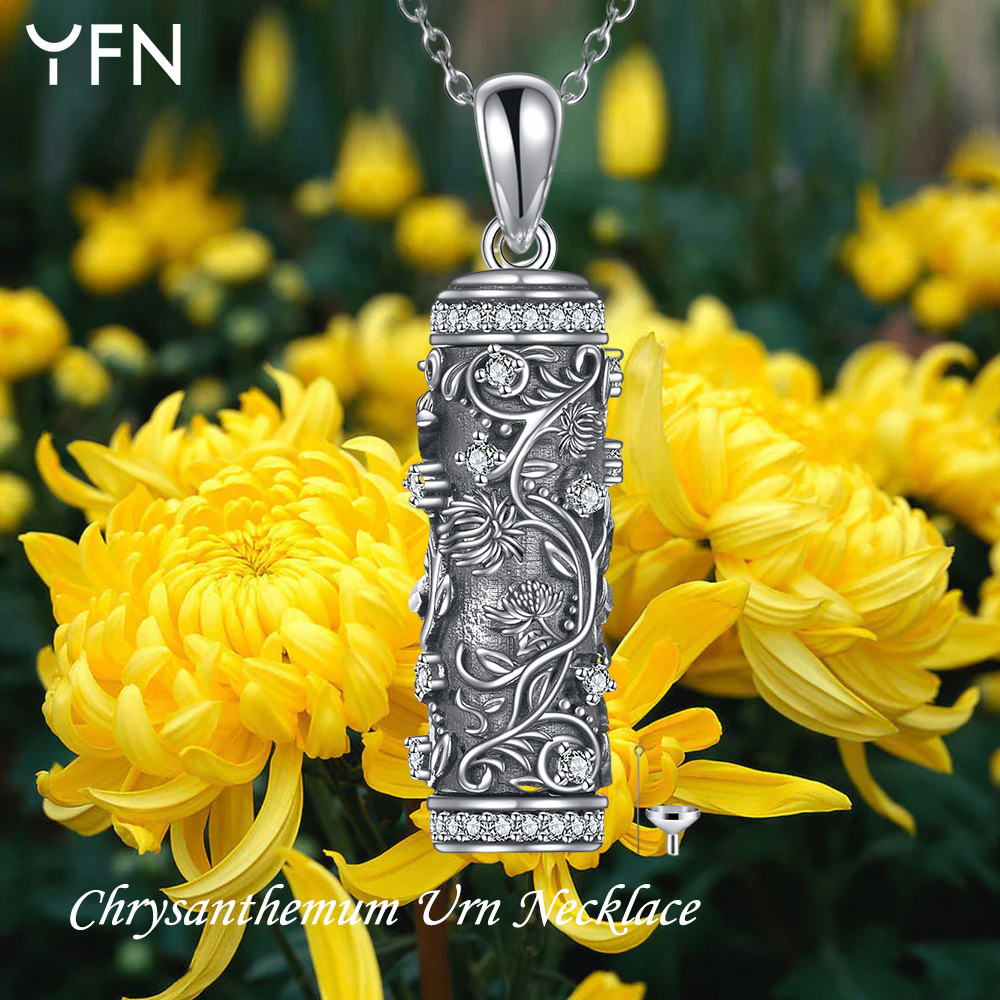 Plata de Ley Circonio Cúbico Nacimiento Crisantemo Flor Urna Collar para cenizas-6