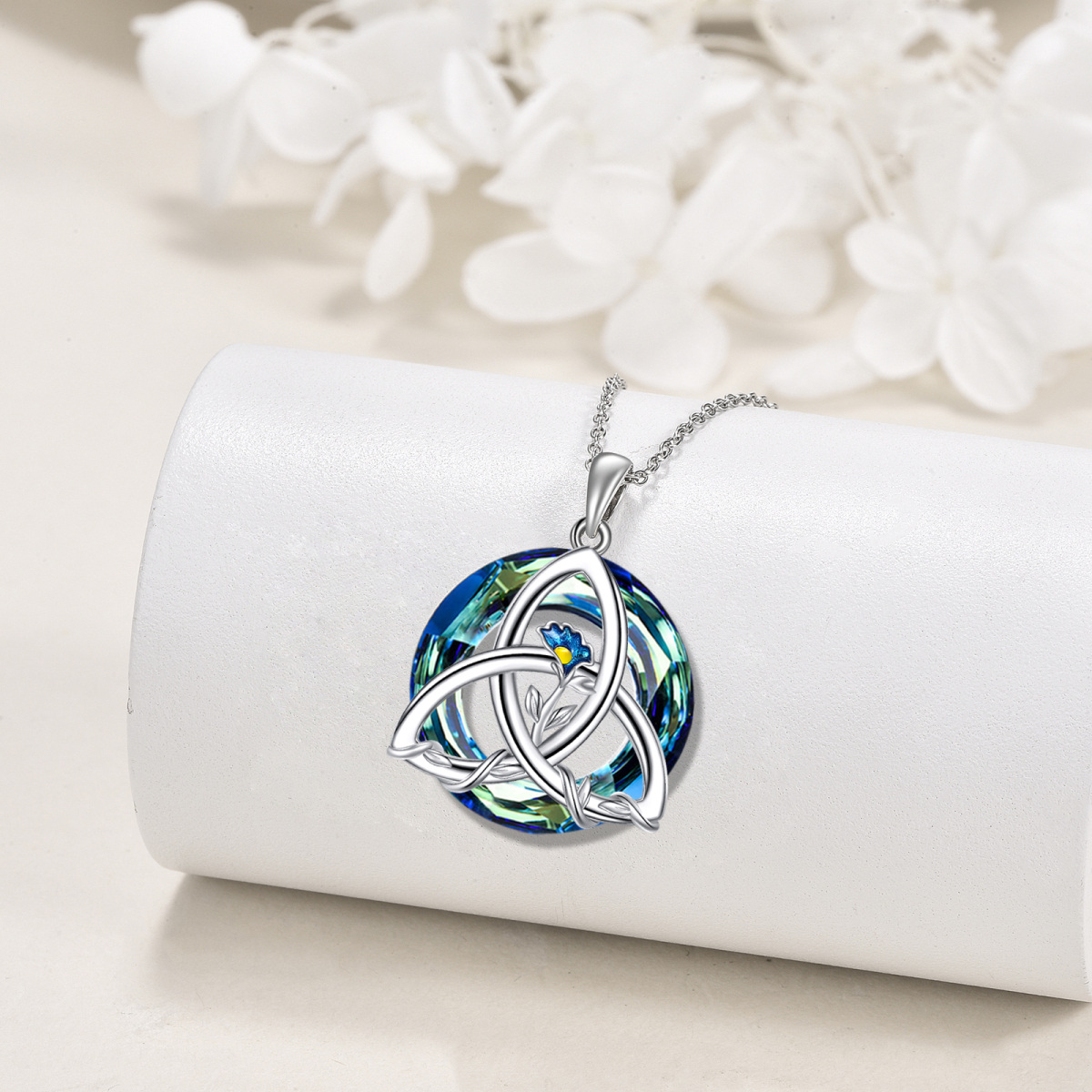 Sterling Silver Birth Flower & Celtic Knot Crystal Pendant Necklace-3