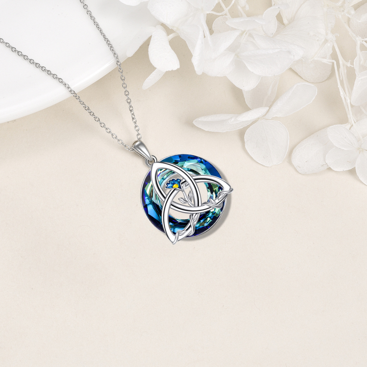 Sterling Silver Birth Flower & Celtic Knot Crystal Pendant Necklace-4