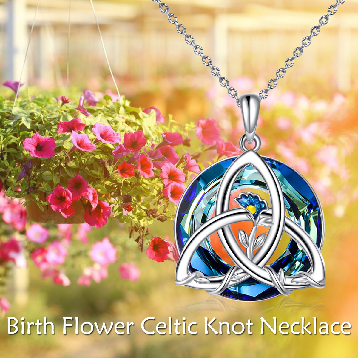 Sterling Silver Birth Flower & Celtic Knot Crystal Pendant Necklace-6