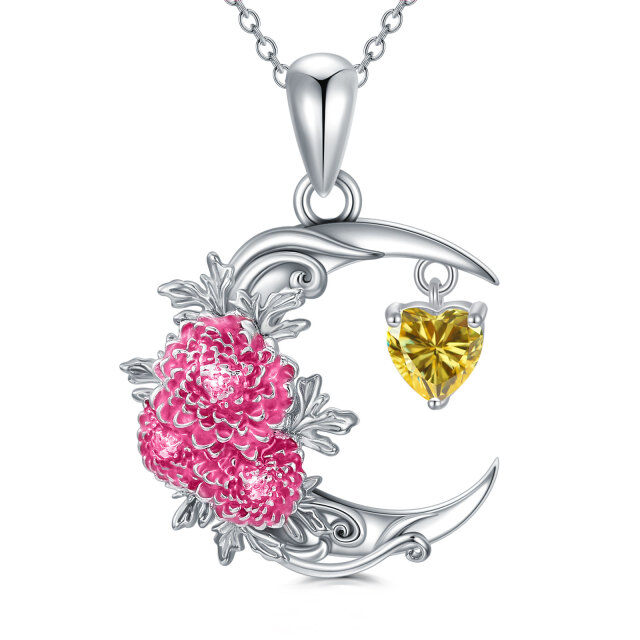 Sterling Silver Cubic Zirconia Birth Flower & Chrysanthemum & Moon Pendant Necklace-1