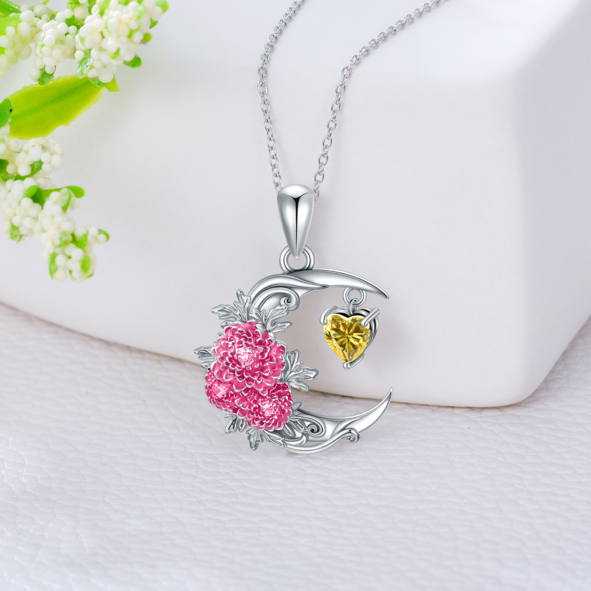 Sterling Silver Cubic Zirconia Birth Flower & Chrysanthemum & Moon Pendant Necklace-3